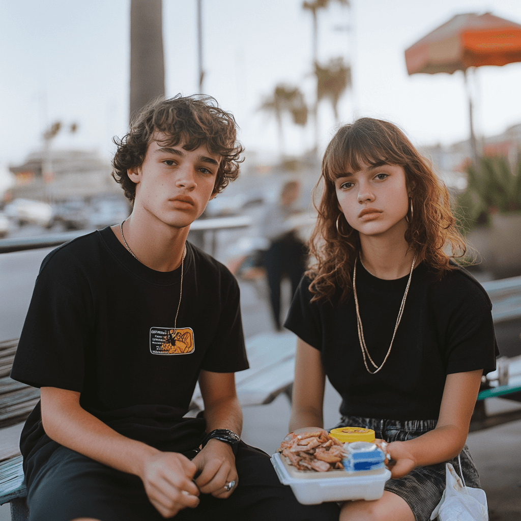 gen z male and female in a park holding food