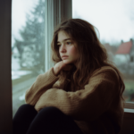 teenager girl sits on a windowsill with sadness in her eyes