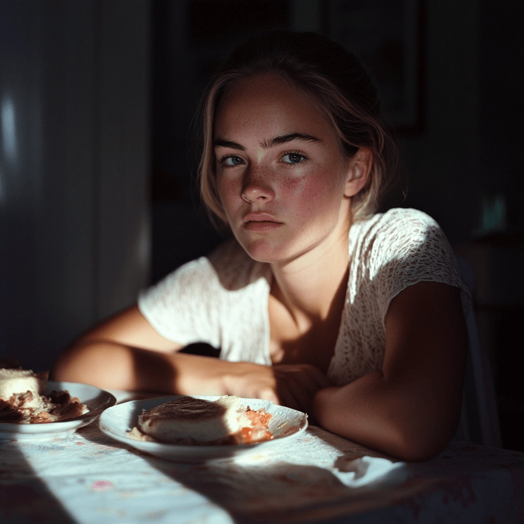 young woman seated alone in dining table