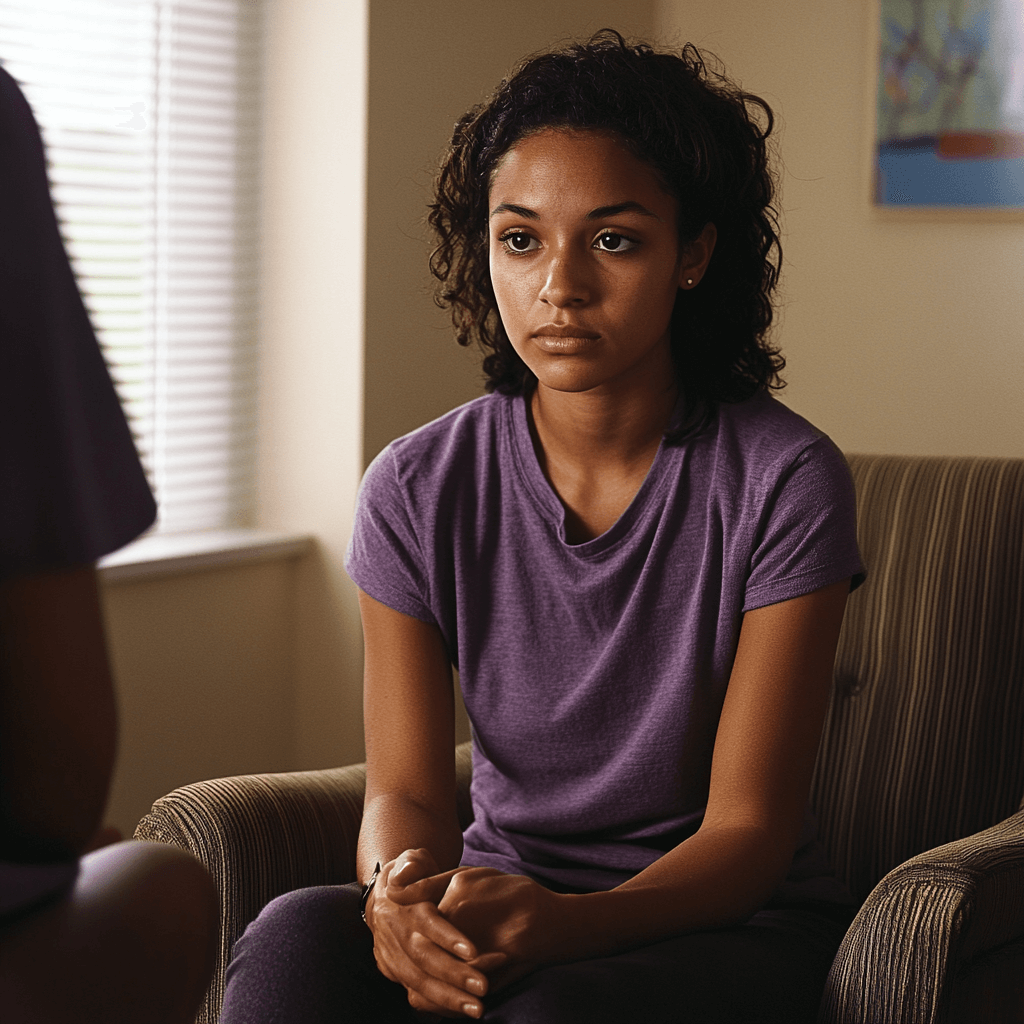 a young adult woman sits on a chair in a therapist office