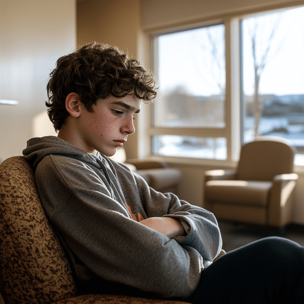 teenage boy sits alone on a chair arms crossed