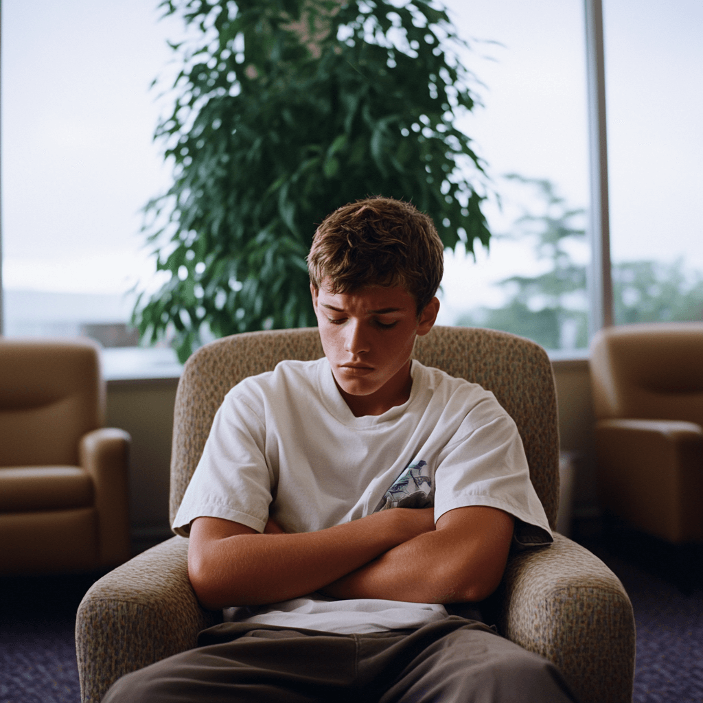 teenage boy sits alone on a chair with his arms crossed