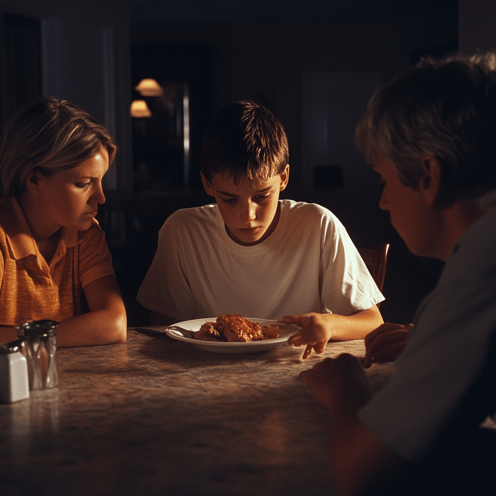 teenage boy thin and pale looking down at his plate with parents