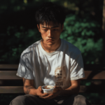 young man sits on a bench in a park