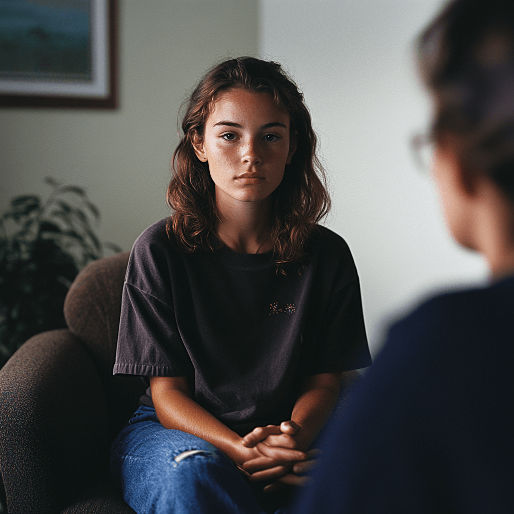 young woman sitting in a therapist office