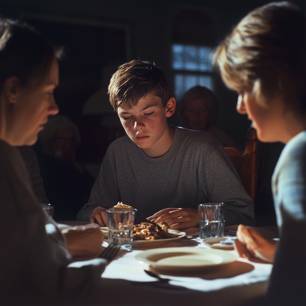 a family of three is seated around a dinner table