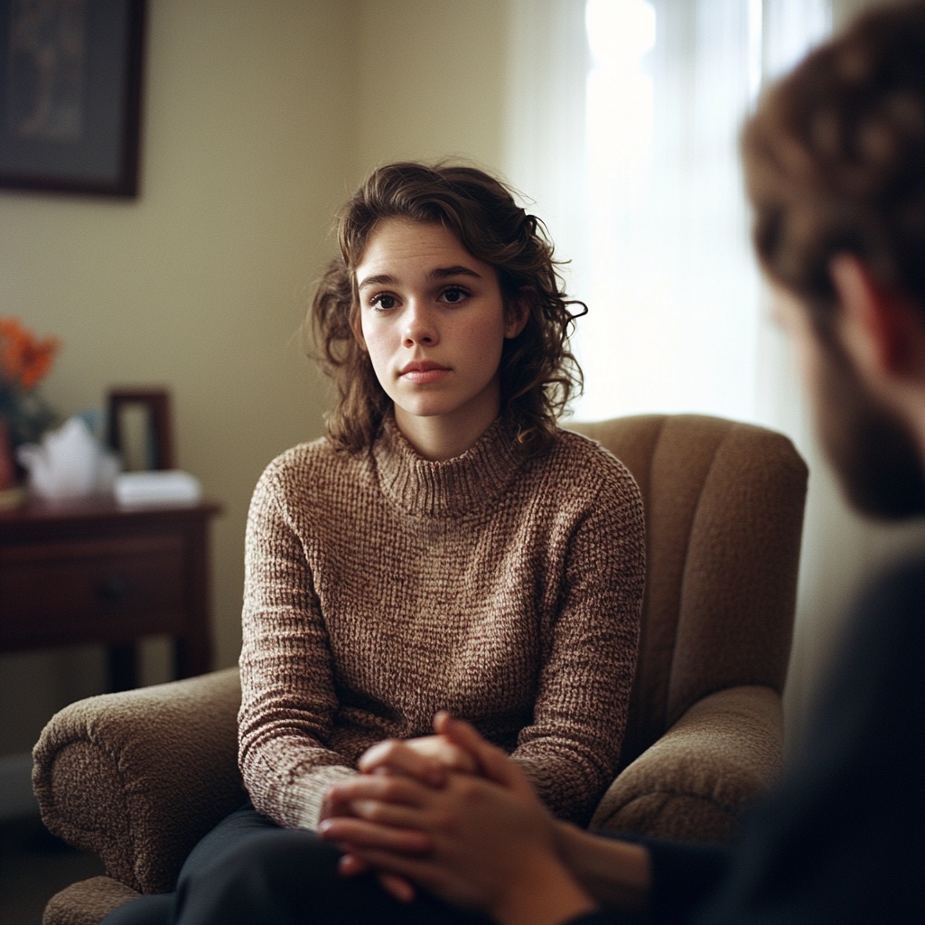 a young adult woman sits on a comfortable armchair in a therapist's office