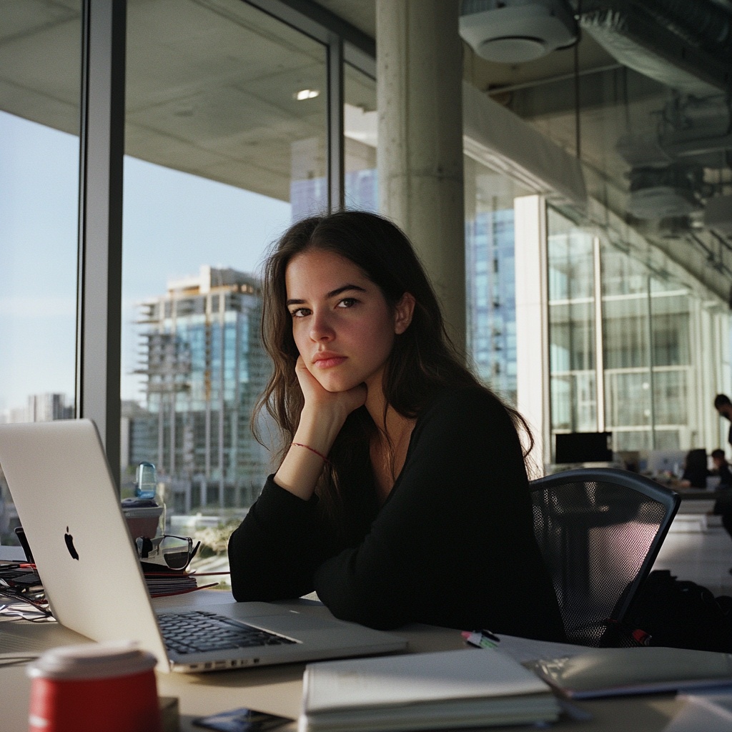 a young woman in office space sits at her desk with laptop