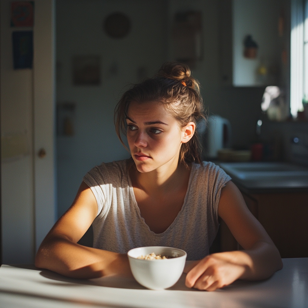 a young woman sits at a kitchen table with an untouched bowl of oatmeal in front of her